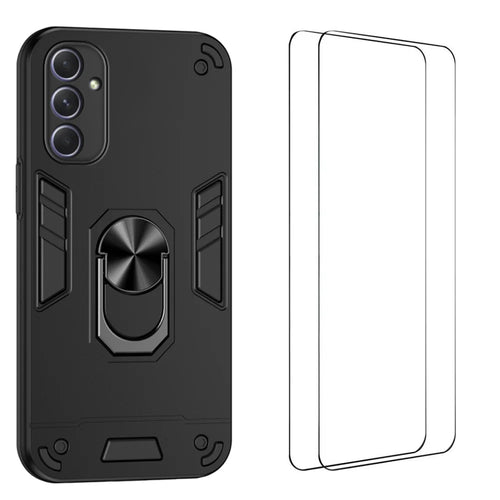 WANLONFENG for Samsung Galaxy A54 5G YS Series Case Kicktand Shockproof PC TPU Phone Cover with 2Pcs Tempered Glass Film - Black - 1