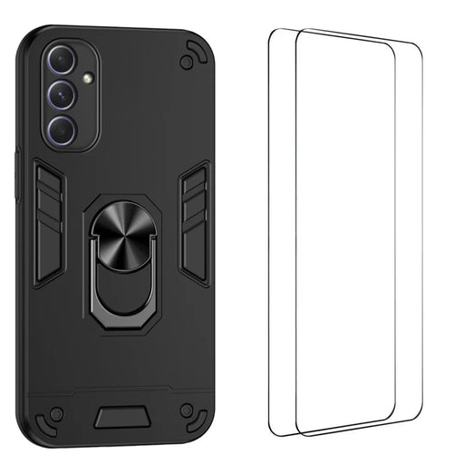 WANLONFENG for Samsung Galaxy A54 5G YS Series Case Kicktand Shockproof PC TPU Phone Cover with 2Pcs Tempered Glass Film - Black - 1