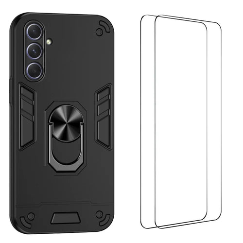 WANLONFENG for Samsung Galaxy A55 5G YS Series Case Kicktand Shockproof PC TPU Phone Cover with 2Pcs Tempered Glass Film - Black - 1