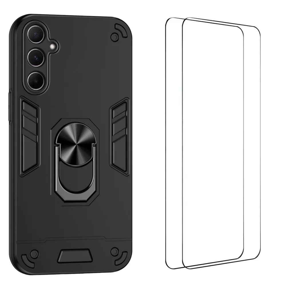 WANLONFENG for Samsung Galaxy A56 5G YS Series Case Kicktand Shockproof PC TPU Phone Cover with 2Pcs Tempered Glass Film - Black - 1
