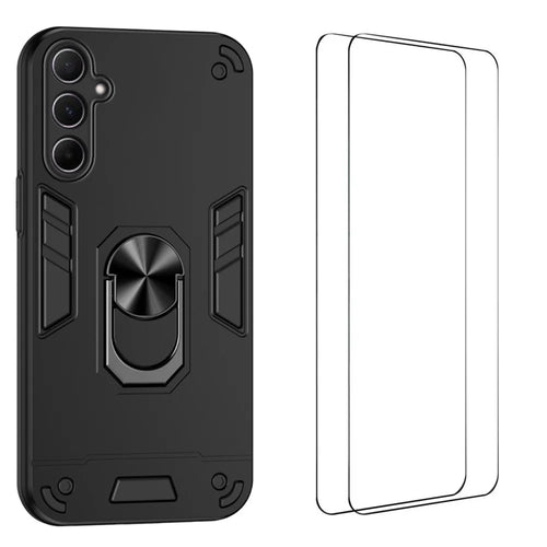 WANLONFENG for Samsung Galaxy A56 5G YS Series Case Kicktand Shockproof PC TPU Phone Cover with 2Pcs Tempered Glass Film - Black - 1