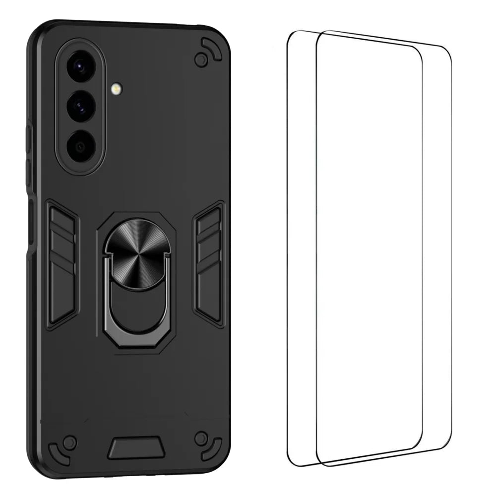 WANLONFENG for Samsung Galaxy A57 5G YS Series Case Kicktand Shockproof PC TPU Phone Cover with 2Pcs Tempered Glass Film - Black - 1