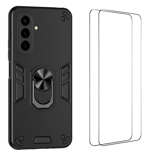 WANLONFENG for Samsung Galaxy A57 5G YS Series Case Kicktand Shockproof PC TPU Phone Cover with 2Pcs Tempered Glass Film - Black - 1