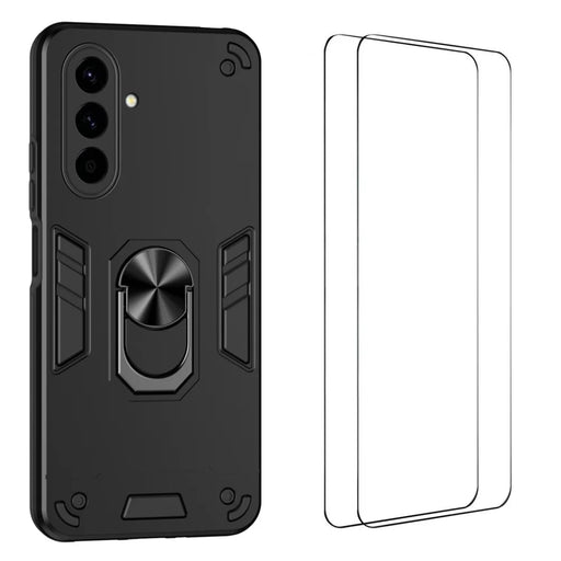 WANLONFENG for Samsung Galaxy A57 5G YS Series Case Kicktand Shockproof PC TPU Phone Cover with 2Pcs Tempered Glass Film - Black - 1
