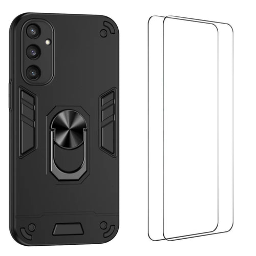 WANLONFENG for Samsung Galaxy S24 YS Series Case Kicktand Shockproof PC TPU Phone Cover with 2Pcs Tempered Glass Film - Black - 1