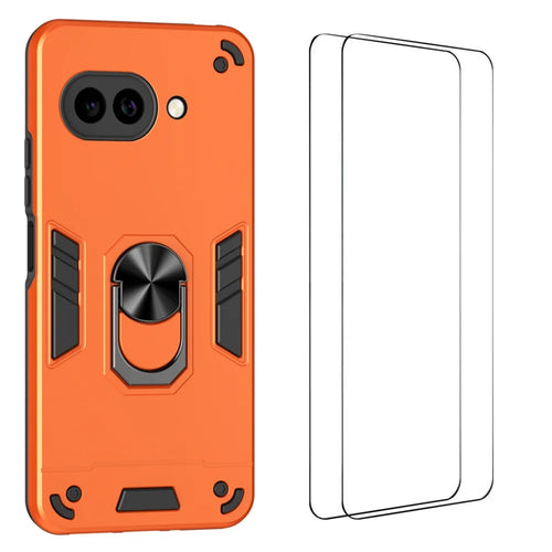 WANLONFENG for Google Pixel 9a YS Series Case Kicktand Shockproof PC TPU Phone Cover with 2Pcs Tempered Glass Film - Orange - 1