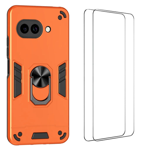 WANLONFENG for Google Pixel 9a YS Series Case Kicktand Shockproof PC TPU Phone Cover with 2Pcs Tempered Glass Film - Orange - 1