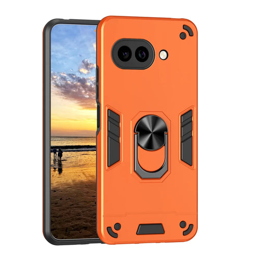 WANLONFENG for Google Pixel 9a YS Series Case Kicktand Shockproof PC TPU Phone Cover with 2Pcs Tempered Glass Film - Orange - 2