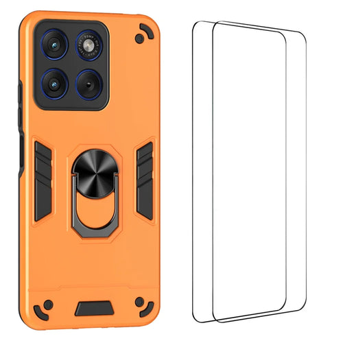 WANLONFENG for Motorola Moto X70 Air 5G / Motorola Edge 70 5G YS Series Case Kicktand Shockproof PC TPU Phone Cover with 2Pcs Tempered Glass Film - Orange - 1