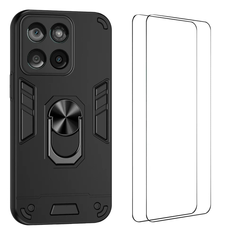 WANLONFENG for Motorola Edge 60 Pro 5G YS Series Case Kicktand Shockproof PC TPU Phone Cover with 2Pcs Tempered Glass Film - Black - 1