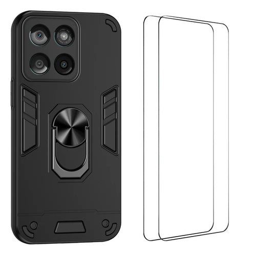 WANLONFENG for Motorola Edge 60 Pro 5G YS Series Case Kicktand Shockproof PC TPU Phone Cover with 2Pcs Tempered Glass Film - Black - 1