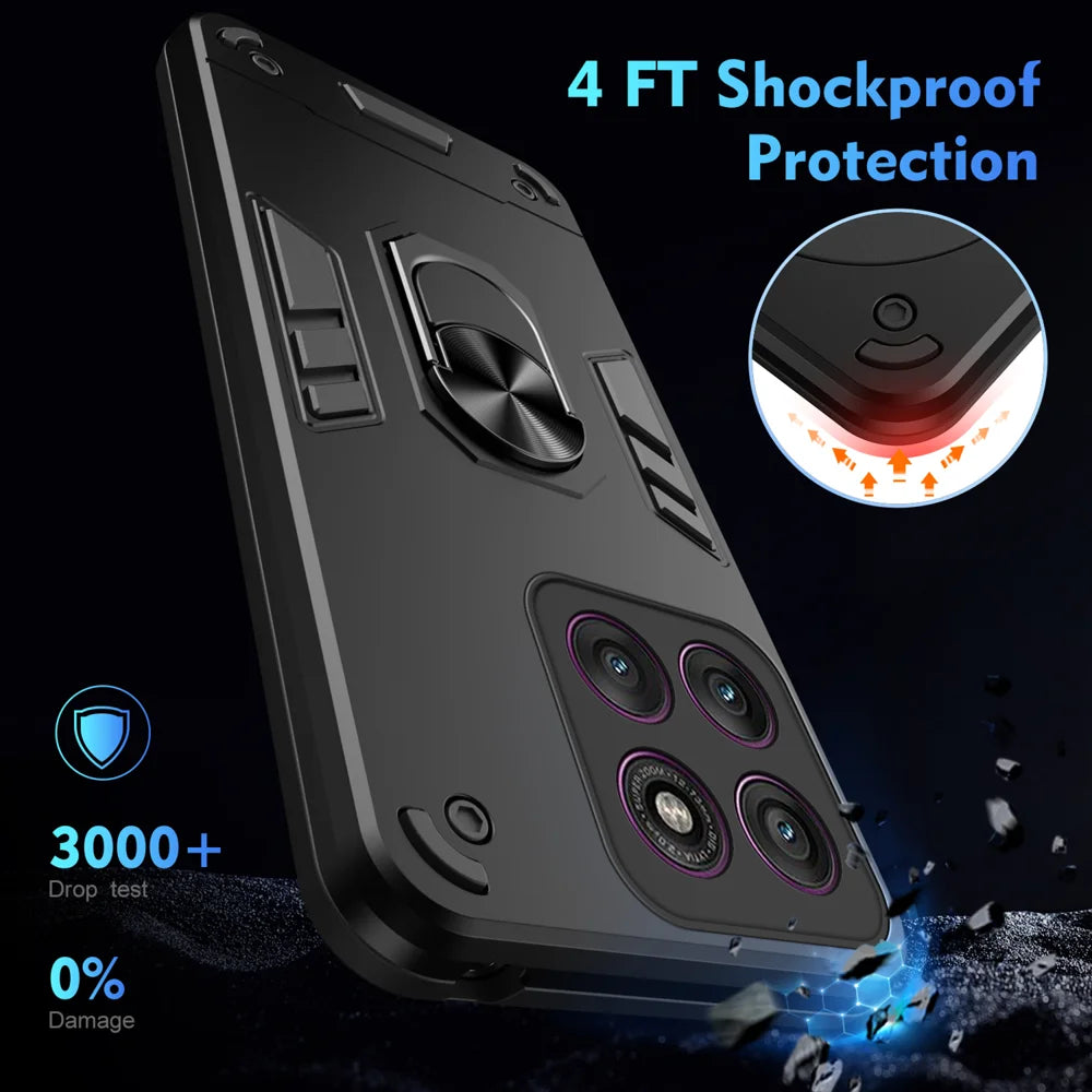 WANLONFENG for Motorola Edge 60 Pro 5G YS Series Case Kicktand Shockproof PC TPU Phone Cover with 2Pcs Tempered Glass Film - Black - 5