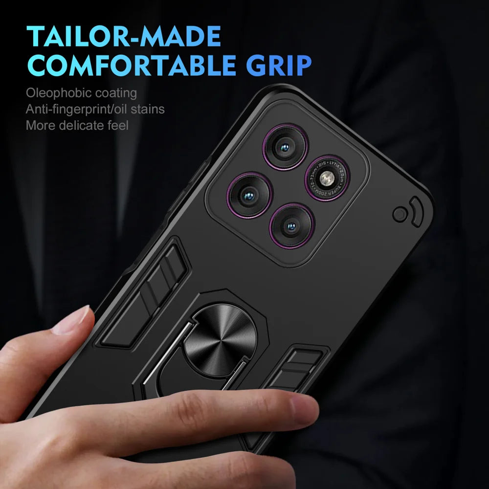 WANLONFENG for Motorola Edge 60 Pro 5G YS Series Case Kicktand Shockproof PC TPU Phone Cover with 2Pcs Tempered Glass Film - Black - 6