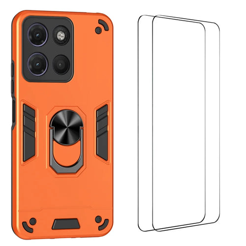 WANLONFENG for Motorola Moto G17 4G / Motorola Moto G15 4G / Motorola Moto G15 Power 4G / Motorola Moto G17 Power 4G YS Series Case Kicktand Shockproof PC TPU Phone Cover with 2Pcs Tempered Glass Film - Orange - 1