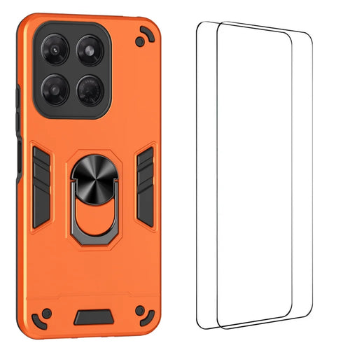 WANLONFENG for Motorola Moto G37 Power 5G YS Series Case Kicktand Shockproof PC TPU Phone Cover with 2Pcs Tempered Glass Film - Orange - 1