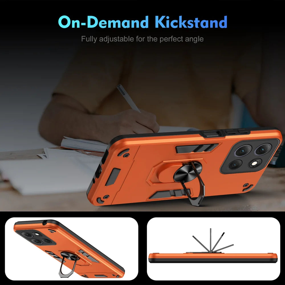 WANLONFENG for Motorola Moto G86 Power 5G YS Series Case Kicktand Shockproof PC TPU Phone Cover with 2Pcs Tempered Glass Film - Orange - 7