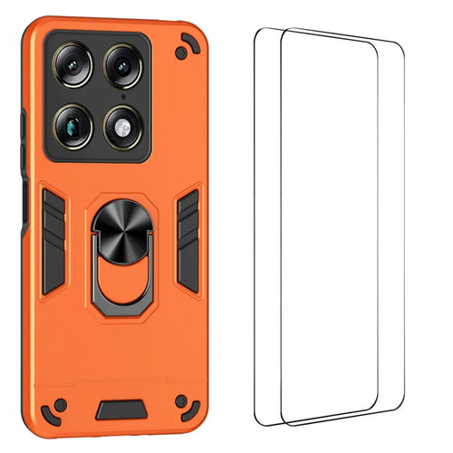 WANLONFENG for Motorola Signature 5G YS Series Case Kicktand Shockproof PC TPU Phone Cover with 2Pcs Tempered Glass Film - Orange - 1