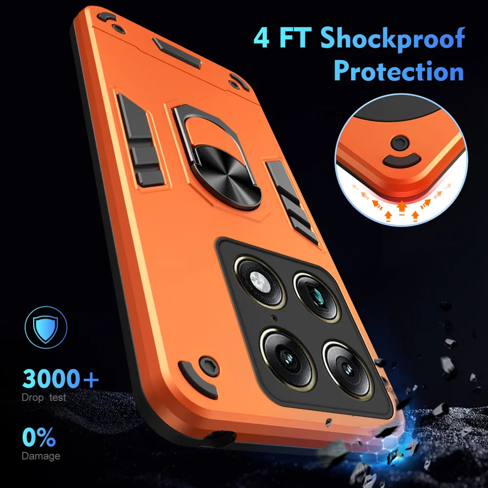 WANLONFENG for Motorola Signature 5G YS Series Case Kicktand Shockproof PC TPU Phone Cover with 2Pcs Tempered Glass Film - Orange - 5
