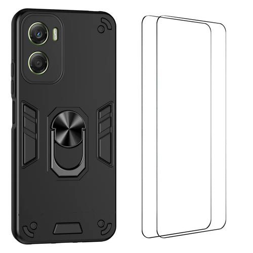 WANLONFENG for Motorola Moto G06 Power 4G / Motorola Moto G06 4G YS Series Case Kicktand Shockproof PC TPU Phone Cover with 2Pcs Tempered Glass Film - Black - 1
