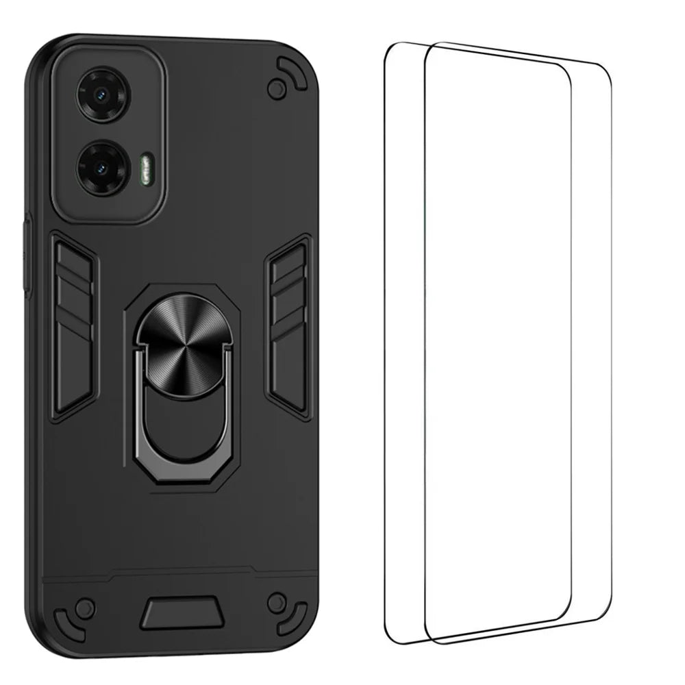 WANLONFENG for Motorola Moto G35 5G YS Series Case Kicktand Shockproof PC TPU Phone Cover with 2Pcs Tempered Glass Film - Black - 1