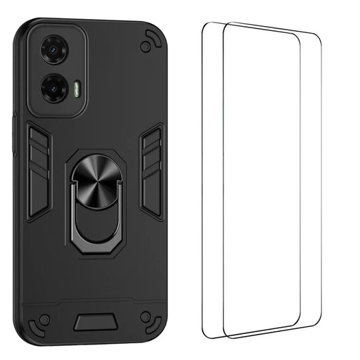 WANLONFENG for Motorola Moto G35 5G YS Series Case Kicktand Shockproof PC TPU Phone Cover with 2Pcs Tempered Glass Film - Black - 1