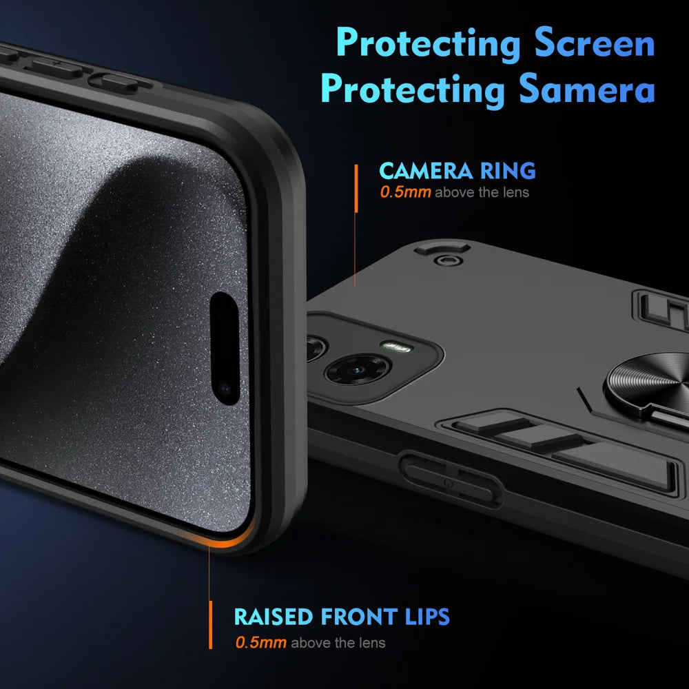 WANLONFENG for Motorola Moto G35 5G YS Series Case Kicktand Shockproof PC TPU Phone Cover with 2Pcs Tempered Glass Film - Black - 4