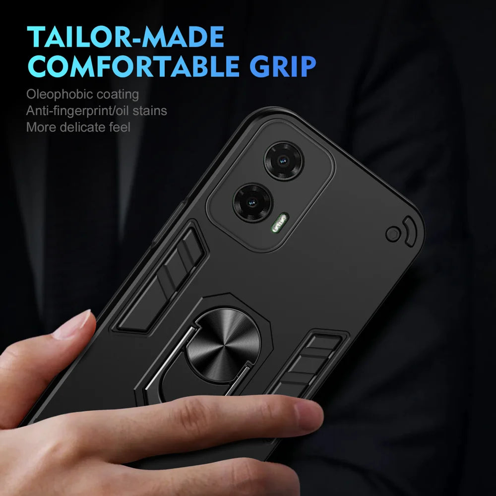 WANLONFENG for Motorola Moto G35 5G YS Series Case Kicktand Shockproof PC TPU Phone Cover with 2Pcs Tempered Glass Film - Black - 6