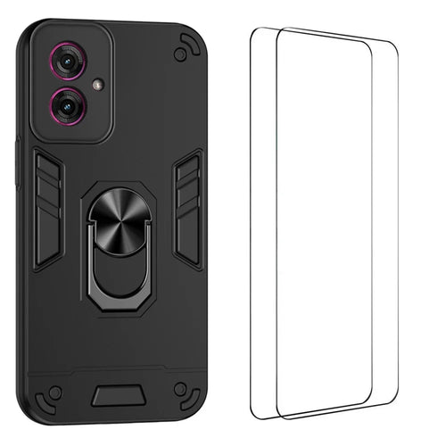 WANLONFENG for Motorola Moto G55 5G YS Series Case Kicktand Shockproof PC TPU Phone Cover with 2Pcs Tempered Glass Film - Black - 1