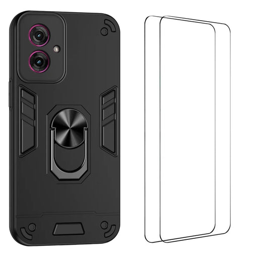 WANLONFENG for Motorola Moto G55 5G YS Series Case Kicktand Shockproof PC TPU Phone Cover with 2Pcs Tempered Glass Film - Black - 1
