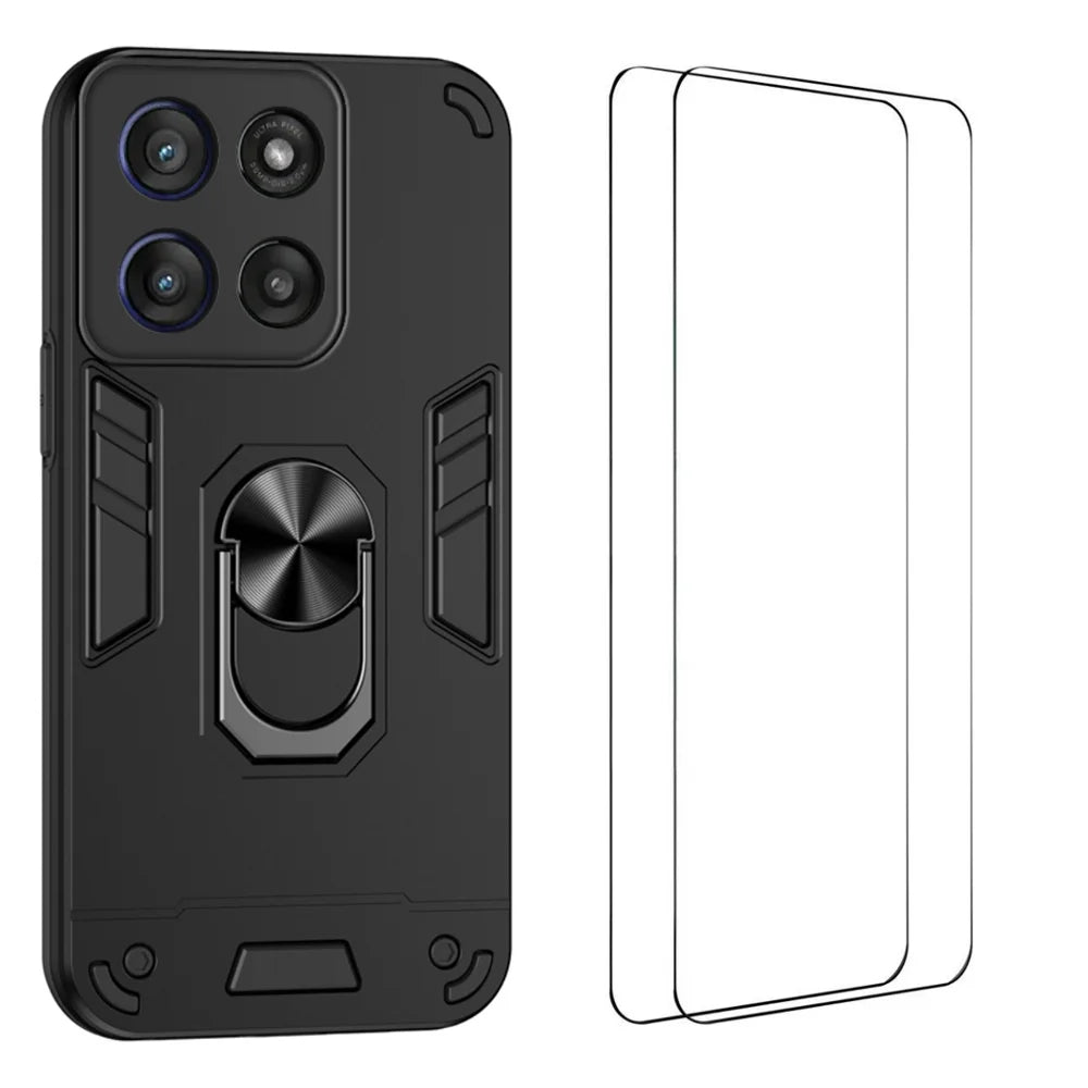 WANLONFENG for Motorola Moto G56 5G YS Series Case Kicktand Shockproof PC TPU Phone Cover with 2Pcs Tempered Glass Film - Black - 1