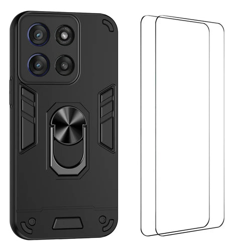 WANLONFENG for Motorola Moto G56 5G YS Series Case Kicktand Shockproof PC TPU Phone Cover with 2Pcs Tempered Glass Film - Black - 1