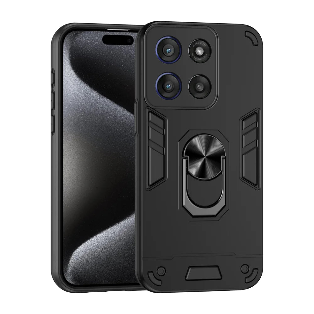WANLONFENG for Motorola Moto G56 5G YS Series Case Kicktand Shockproof PC TPU Phone Cover with 2Pcs Tempered Glass Film - Black - 2