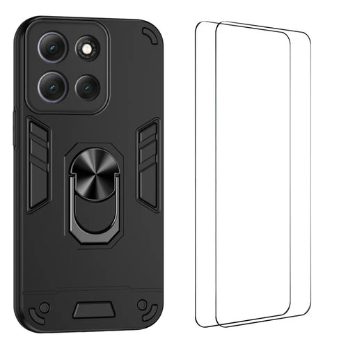 WANLONFENG for Motorola Moto G86 5G YS Series Case Kicktand Shockproof PC TPU Phone Cover with 2Pcs Tempered Glass Film - Black - 1