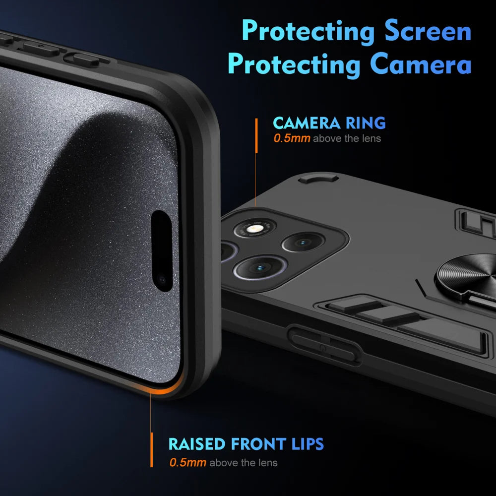 WANLONFENG for Motorola Moto G86 5G YS Series Case Kicktand Shockproof PC TPU Phone Cover with 2Pcs Tempered Glass Film - Black - 4