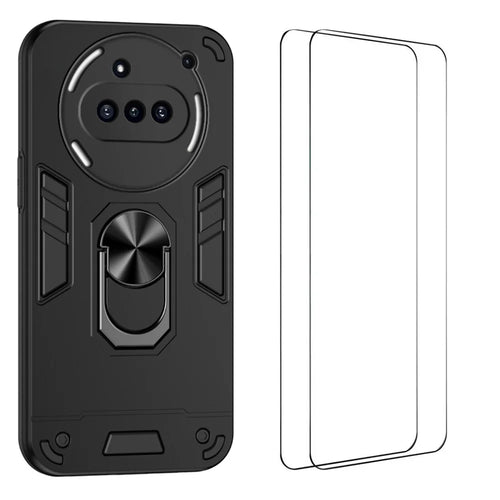 WANLONFENG for Nothing Phone (3a) YS Series Case Kicktand Shockproof PC TPU Phone Cover with 2Pcs Tempered Glass Film - Black - 1