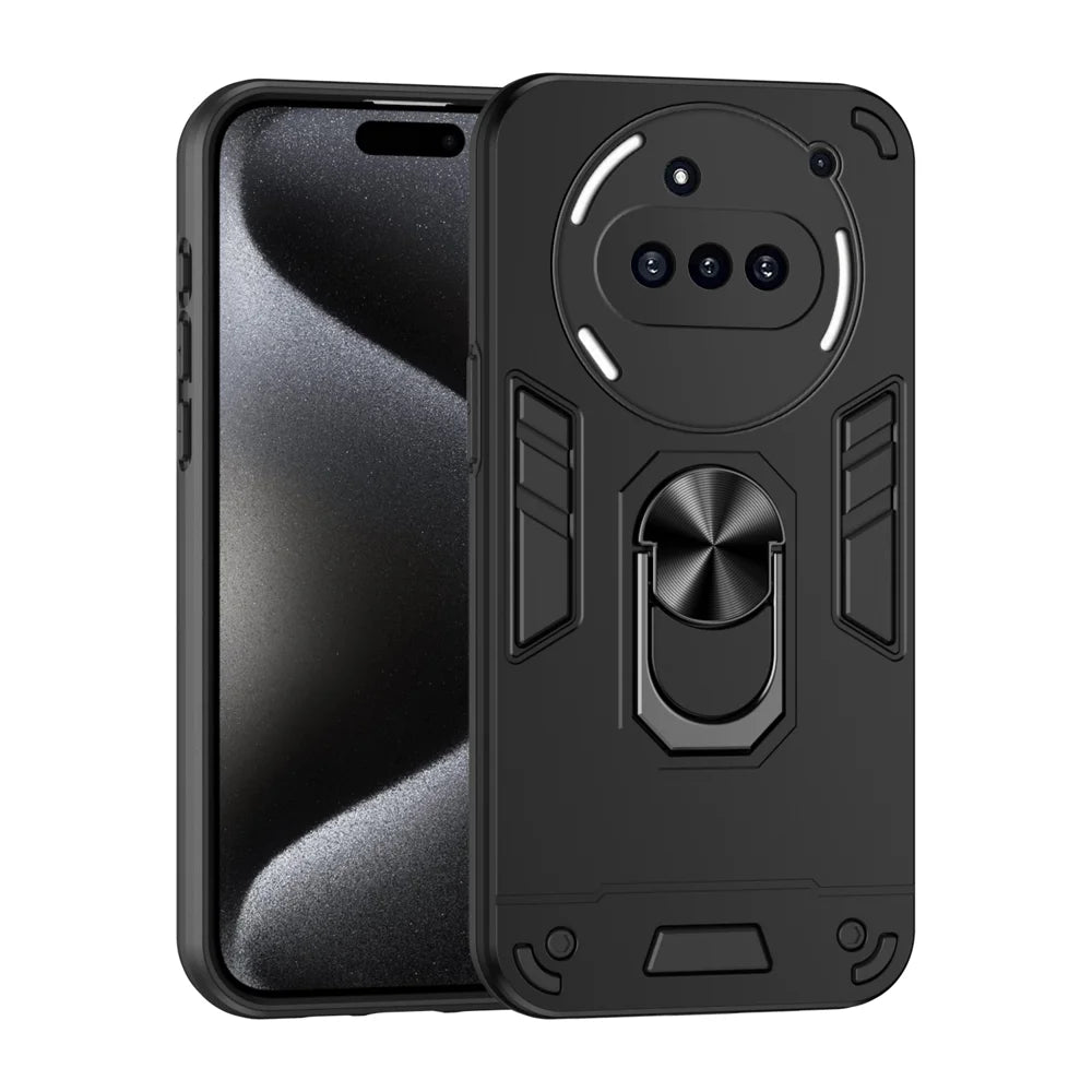 WANLONFENG for Nothing Phone (3a) YS Series Case Kicktand Shockproof PC TPU Phone Cover with 2Pcs Tempered Glass Film - Black - 2