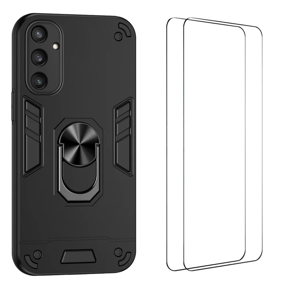 WANLONFENG for Samsung Galaxy S24+ YS Series Case Kicktand Shockproof PC TPU Phone Cover with 2Pcs Tempered Glass Film - Black - 1