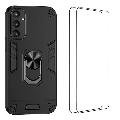 WANLONFENG for Samsung Galaxy S24+ YS Series Case Kicktand Shockproof PC TPU Phone Cover with 2Pcs Tempered Glass Film - Black - 1