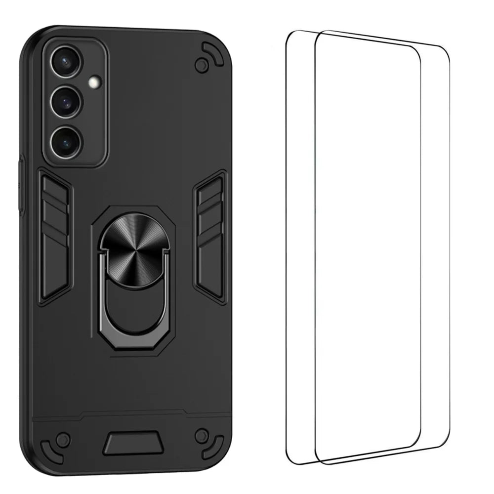 WANLONFENG for Samsung Galaxy S24 FE YS Series Case Kicktand Shockproof PC TPU Phone Cover with 2Pcs Tempered Glass Film - Black - 1