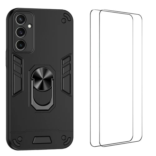 WANLONFENG for Samsung Galaxy S24 FE YS Series Case Kicktand Shockproof PC TPU Phone Cover with 2Pcs Tempered Glass Film - Black - 1