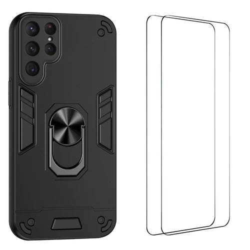 WANLONFENG for Samsung Galaxy S24 Ultra YS Series Case Kicktand Shockproof PC TPU Phone Cover with 2Pcs Tempered Glass Film - Black - 1