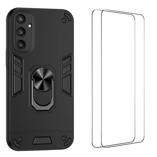 WANLONFENG for Samsung Galaxy S25 YS Series Case Kicktand Shockproof PC TPU Phone Cover with 2Pcs Tempered Glass Film - Black - 1