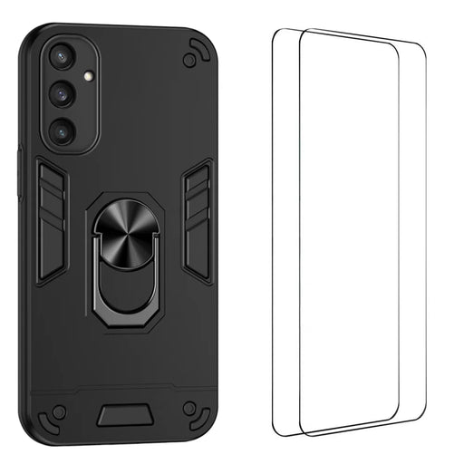 WANLONFENG for Samsung Galaxy S25 YS Series Case Kicktand Shockproof PC TPU Phone Cover with 2Pcs Tempered Glass Film - Black - 1