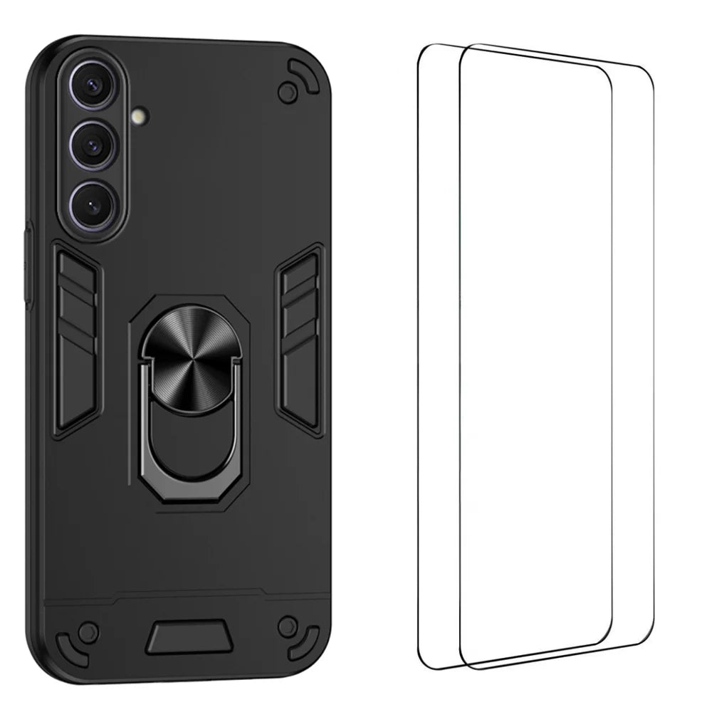 WANLONFENG for Samsung Galaxy S25+ YS Series Case Kicktand Shockproof PC TPU Phone Cover with 2Pcs Tempered Glass Film - Black - 1