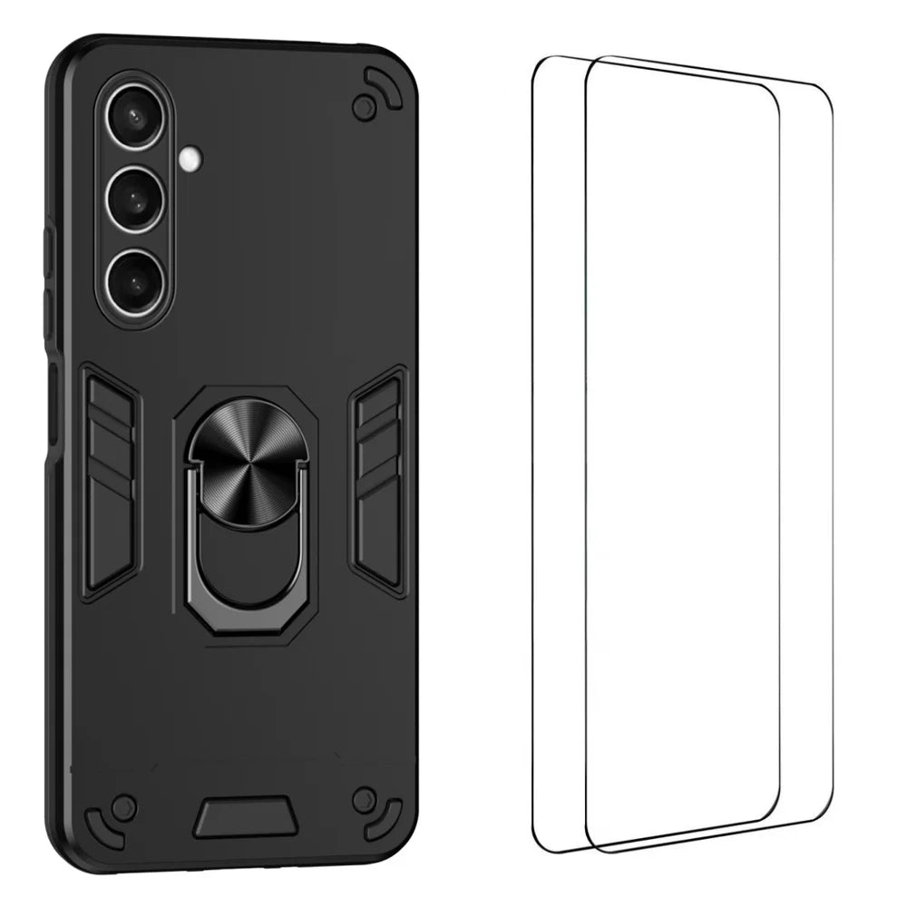 WANLONFENG for Samsung Galaxy S25 FE YS Series Case Kicktand Shockproof PC TPU Phone Cover with 2Pcs Tempered Glass Film - Black - 1