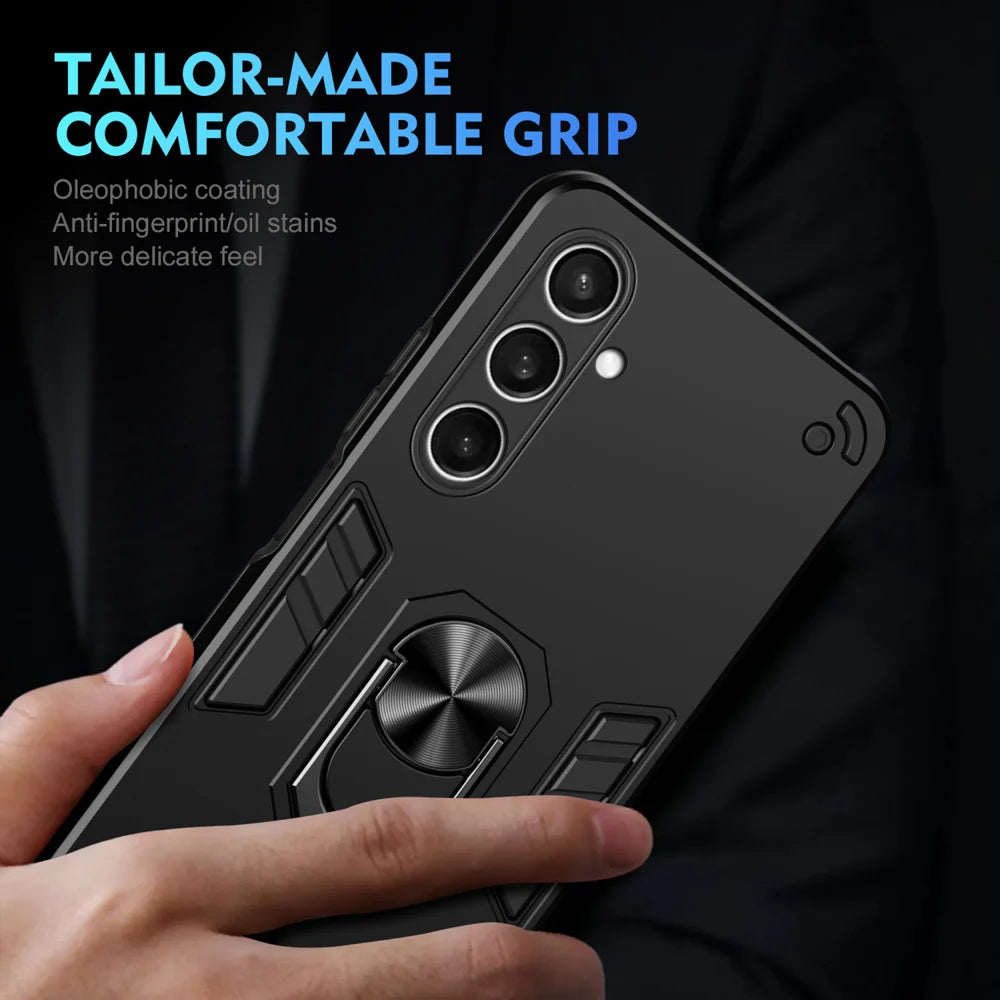 WANLONFENG for Samsung Galaxy S25 FE YS Series Case Kicktand Shockproof PC TPU Phone Cover with 2Pcs Tempered Glass Film - Black - 6