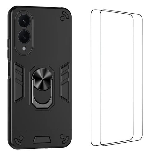 WANLONFENG for Samsung Galaxy S25 Edge YS Series Case Kicktand Shockproof PC TPU Phone Cover with 2Pcs Tempered Glass Film - Black - 1