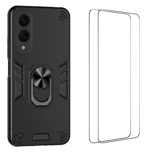 WANLONFENG for Samsung Galaxy S25 Edge YS Series Case Kicktand Shockproof PC TPU Phone Cover with 2Pcs Tempered Glass Film - Black - 1