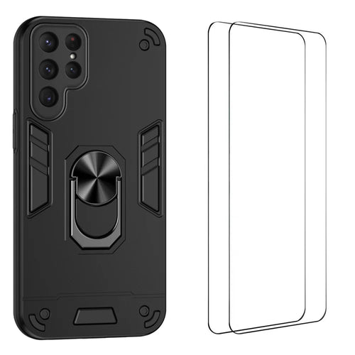 WANLONFENG for Samsung Galaxy S25 Ultra YS Series Case Kicktand Shockproof PC TPU Phone Cover with 2Pcs Tempered Glass Film - Black - 1