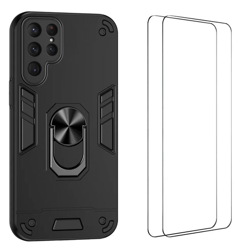 WANLONFENG for Samsung Galaxy S25 Ultra YS Series Case Kicktand Shockproof PC TPU Phone Cover with 2Pcs Tempered Glass Film - Black - 1